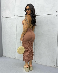 vestido midi todo drapeado franzido com passador organico na cintura da loja click da moda rp 