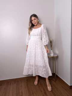 VESTIDO MIDI MANGAS 3/4 NO TECIDO CHIFFON BORDADO BRANCO IDEAL PARA CIVIL, BATIZADO, CASAMENTO 