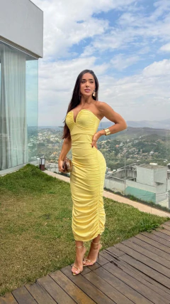VESTIDO TOMARA QUE CAIA DECOTE V MIDI TECIDO MALHA FLUIT EM POLIAMIDA DUPLO SEM BOJO TODO DRAPEADO  TAMANHO UNICO VESTE 36 AO 42 CLICK DA MODA RP 