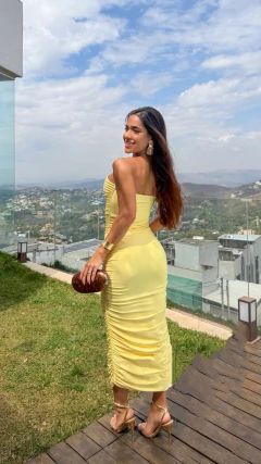 VESTIDO TOMARA QUE CAIA DECOTE V MIDI TECIDO MALHA FLUIT EM POLIAMIDA DUPLO SEM BOJO TODO DRAPEADO  TAMANHO UNICO VESTE 36 AO 42 CLICK DA MODA RP 