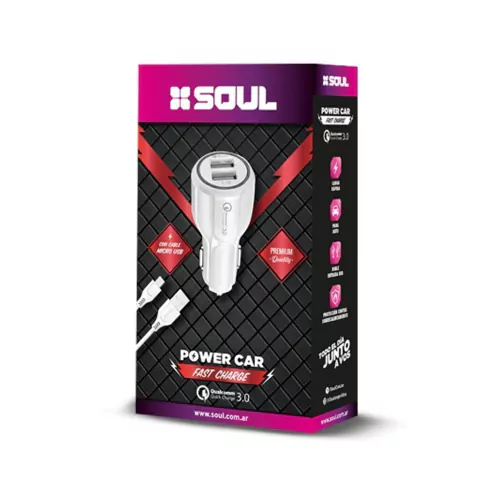 CARGADOR PARA AUTO 12V DUAL FAST CHARGE SOUL (MICRO USB - TIPO C - LIGHTNING)