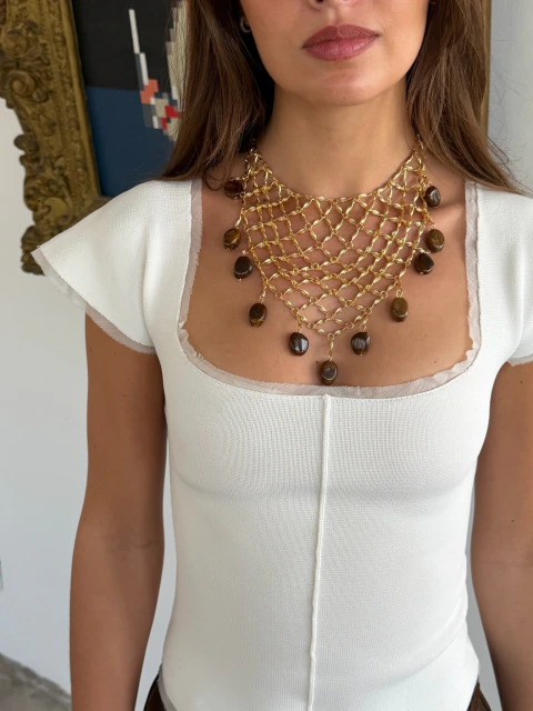 Collar Malla Metálica Piedras Dorado