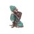 Estátua de Buda em bronze relaxando, com detalhes em verde e azul, medindo 11 cm.