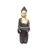 Escultura de Buda em posição de meditação, segurando um recipiente, com detalhes em dourado e preto.