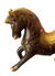 Escultura de cavalo em bronze com detalhes ornamentais, representando um cavalo em movimento.
