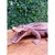 Escultura de um crocodilo em madeira, com detalhes realistas e textura elaborada.
