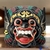 Máscara Barong Protetor, uma peça decorativa colorida com detalhes em preto, vermelho e dourado, representando uma figura mitológica balinesa.