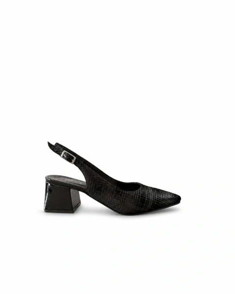Stiletto Slingback Florencia Grabado Negro y Charol Negro