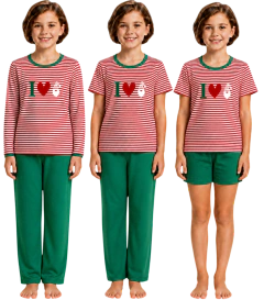 Pijama Menina Longo NATAL LISTRA FINA I LOVE na internet