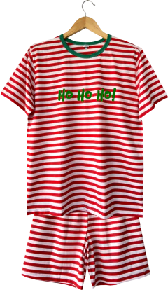 Pijama masculino listrado em vermelho e branco com estampa "Ho Ho Ho".