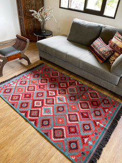 Tapete Kilim Diseño Antep 120x180 cm - Dodurga Turquesa con naranja APM90000 en internet