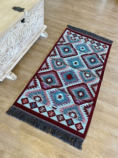 Tapete Kilim Diseño Antep 120x60 cm - Dodurga Azul con vino tinto APM34128