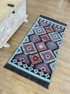 Tapete Kilim Diseño Antep 120x60 cm - Dodurga Azul con vino tinto APM34128 - comprar online