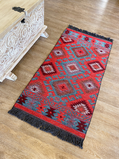 Tapete Kilim Diseño Antep 120x60 cm - Gobeklitepe Turquesa con naranja APM34128 - comprar online