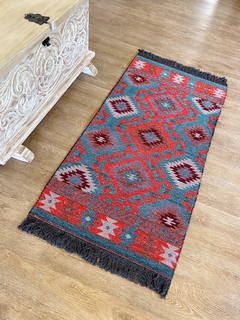 Tapete Kilim Diseño Antep 120x60 cm - Gobeklitepe Turquesa con naranja APM34128