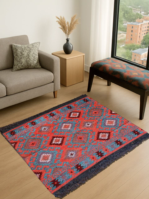 Tapete Kilim Diseño Antep 120x100 cm - Gobeklitepe Turquesa con naranja APM56880 - comprar online
