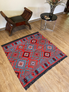 Tapete Kilim Diseño Antep 120x100 cm - Gobeklitepe Turquesa con naranja APM56880 - comprar online