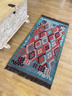 Tapete Kilim Diseño Antep 120x60 cm - Kayi Turquesa con naranja APM34128