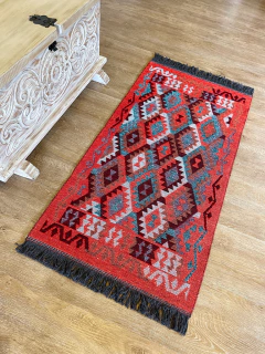 Tapete Kilim Diseño Antep 120x60 cm - Kayi Turquesa con naranja APM34128 - comprar online