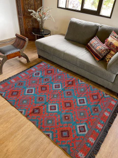 Tapete Kilim Diseño Antep 120x180 cm - Gobeklitepe Turquesa con Naranja APM90000 - comprar online