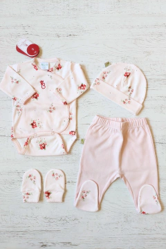 AJUAR 4 PIEZAS POEMA ROSA: BODY, RANITA, GORRO Y MITONES (BROSETB-GP)