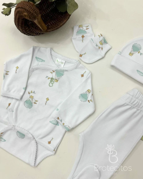 AJUAR 4 PIEZAS PATOS VERDE: BODY, RANITA, GORRO Y MITONES (BROSETB-II)