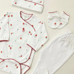 AJUAR 4 PIEZAS ROSITAS ROJAS : BODY, RANITA, GORRO Y MITONES (BROSETB-F31)
