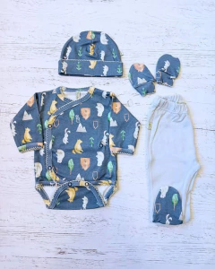 AJUAR 4 PIEZAS aires de montaña azul : BODY, RANITA, GORRO Y MITONES (BROSETB-AM-21)