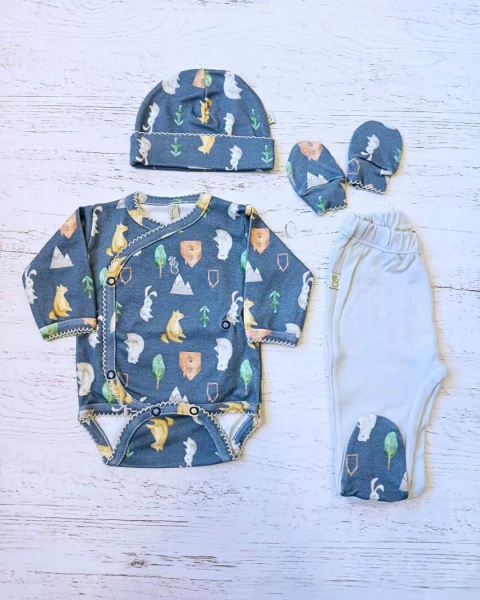 AJUAR 4 PIEZAS aires de montaña azul : BODY, RANITA, GORRO Y MITONES (BROSETB-AM-21)