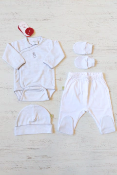 AJUAR 4 PIEZAS RAYITAS GRISES : BODY, RANITA, GORRO Y MITONES (BROSETB-GN)