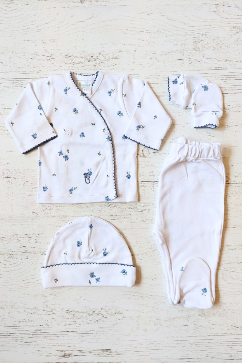 AJUAR 4 PIEZAS ROSITAS AZUL : BATITA, RANITA, GORRO Y MITONES (BROSETA-F21)