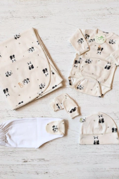 AJUAR 5 PIEZAS PANDA ARENA: MANTA, BODY, RANITA, GORRO Y MITONES (BROSET5P2-PA) - tienda online