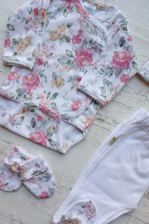AJUAR 4 PIEZAS ROSAS : BODY, RANITA, GORRO Y MITONES (BROSETB-FN)