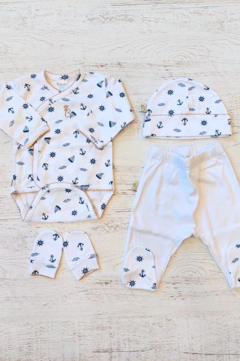 AJUAR 4 PIEZAS BARCO CELESTE : BODY, RANITA, GORRO Y MITONES (BROSETB-GC)