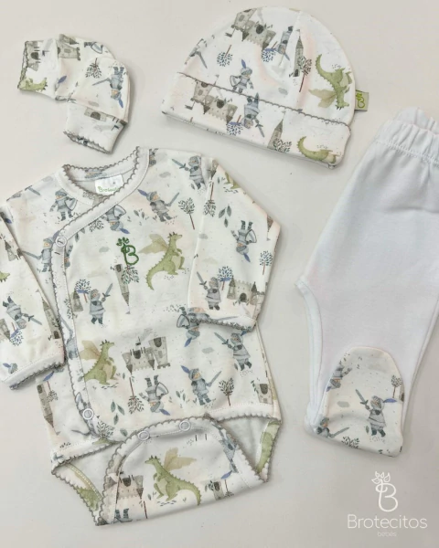 AJUAR 4 PIEZAS MEDIEVAL : BODY, RANITA, GORRO Y MITONES (BROSETB-IL)