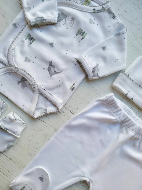 AJUAR 4 PIEZAS DRAGONES GRIS : BODY, RANITA, GORRO Y MITONES (BROSETB-DL)