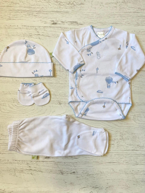 AJUAR 4 PIEZAS PATOS CELESTE : BODY, RANITA, GORRO Y MITONES (BROSETB-IG)