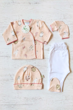 AJUAR 4 PIEZAS ROPITA ROSA PIMA: BATITA, RANITA, GORRO Y MITONES (BROSETA-EB03)
