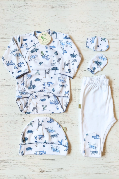 AJUAR 4 PIEZAS AVENTURA AZUL: BODY, RANITA, GORRO Y MITONES (BROSETB-FD)