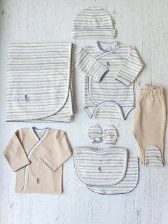 AJUAR 8 PIEZAS RAYAS AZUL Y ARENA: MANTA, BODY, BATITA, RANITA, BABERO, BABITA, GORRO Y MITONES (BROSET8P-EL) - comprar online