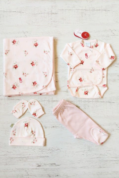 AJUAR 5 PIEZAS POEMA ROSA PIMA: MANTA, BODY, RANITA, GORRO Y MITONES (BROSET5P2-GP)