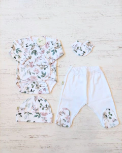 AJUAR 4 PIEZAS RECUERDOS BLANCO: BODY, RANITA, GORRO Y MITONES (BROSETB-RB) - Mamá Coneja