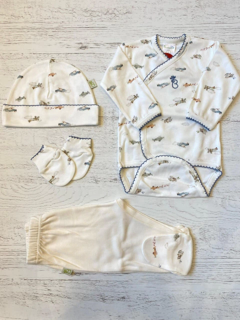 AJUAR 4 PIEZAS VUELOS : BODY, RANITA, GORRO Y MITONES (BROSETB-IF)