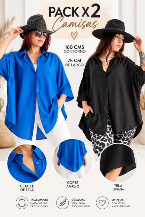 PACK X 2 Camisa Maxi Oversize POPLIN XXL (AZUL Y NEGRO)
