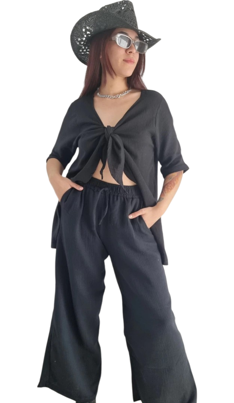 SET LIBORE LINO BAMBULA Kimono + Palazzo (42 al 50) BLACK