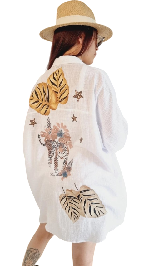 Camisa Maxi Oversize LINO BAMBULA ESTAMPADA SELVA (XXL) PREMIUM WHITE