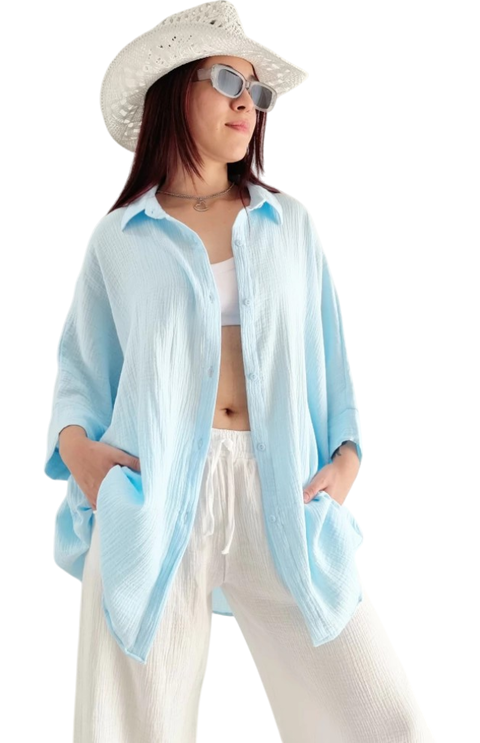 Camisa Maxi Oversize LINO BAMBULA (XXL) PREMIUM SKY