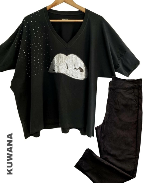 COMBO Pantalon NATACHA Elastizado Negro ( 38 al 50) + Remeròn Lips Shine
