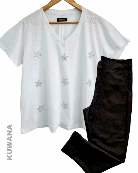 COMBO Pantalon NATACHA Elastizado Negro ( 38 al 50) + Remera STARS White Flame