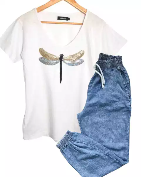 Combo Remera V Libelula + Babucha jogger DENIM (40 AL 48)